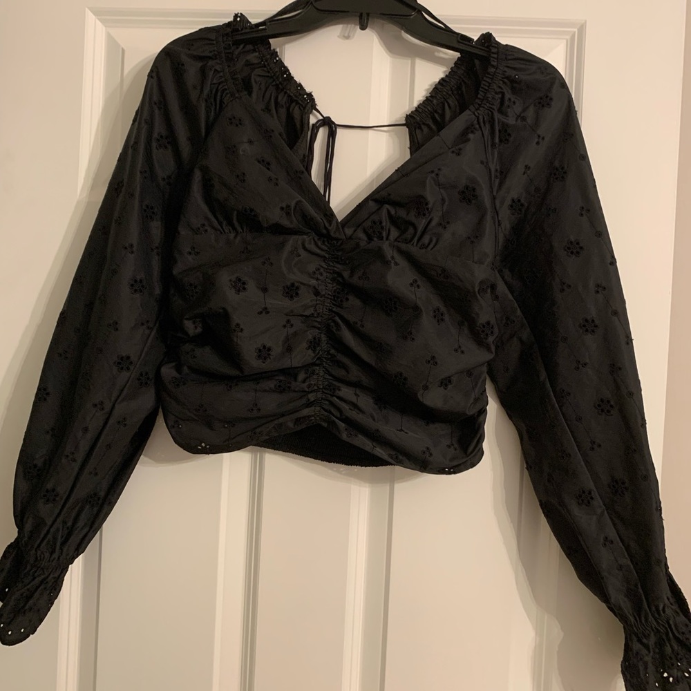 Free people statement piece fitted crop top with puffy embroidered sleeves